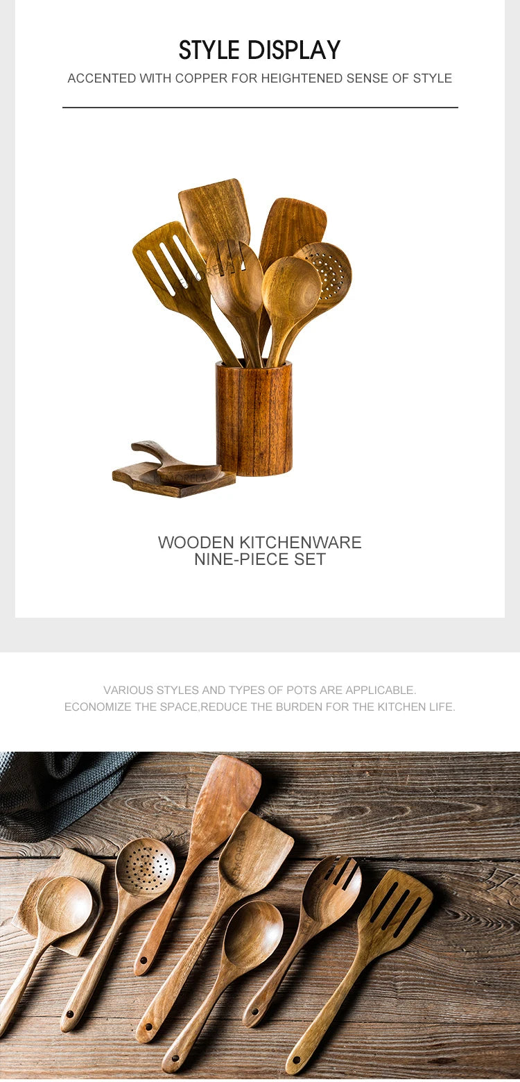 KEMORELA 9pcs Wooden Spoons & Utensils Set with Holder – Eco-Friendly Teak Wood Kitchen Cooking Tools