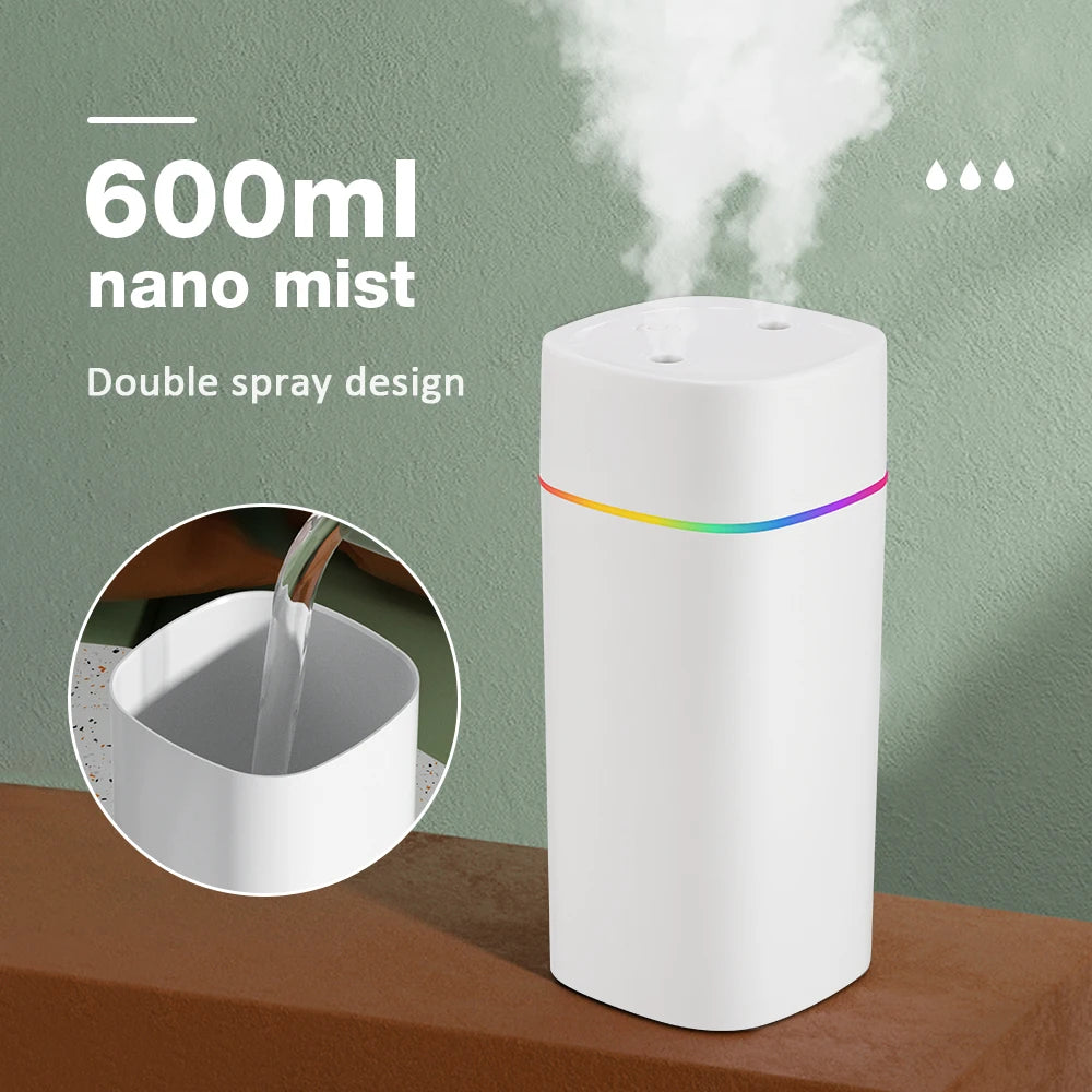 Large Air Humidifier 600ml – Double Spray Aromatherapy Essential Oil Diffuser with Colorful Lights for Home, Office & Car | AFDEAL
