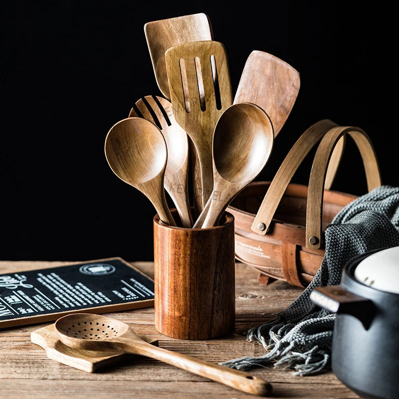 KEMORELA 9pcs Wooden Spoons & Utensils Set with Holder – Eco-Friendly Teak Wood Kitchen Cooking Tools
