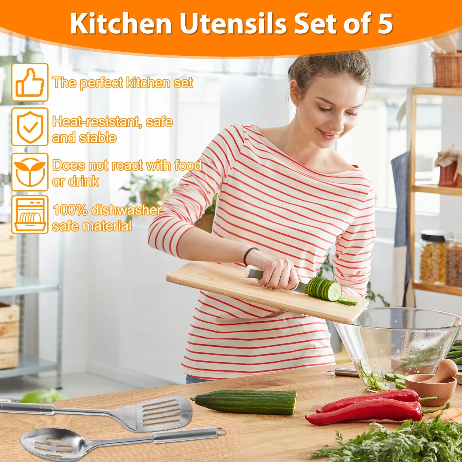 Willstar 5pcs Stainless Steel Cooking Utensils Set – Strainer Spoon, Soup Ladle, Spatula & More