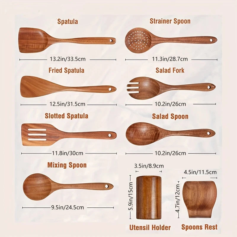 KEMORELA 9pcs Wooden Spoons & Utensils Set with Holder – Eco-Friendly Teak Wood Kitchen Cooking Tools