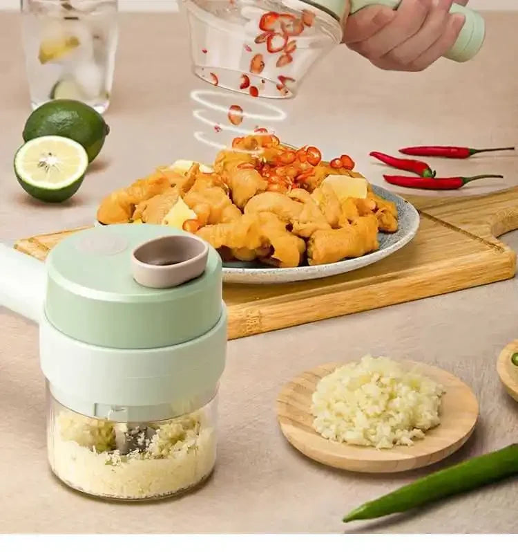 4-in-1 Electric Vegetable Cutter Set – Garlic Crusher, Food Chopper & Slicer for Kitchen