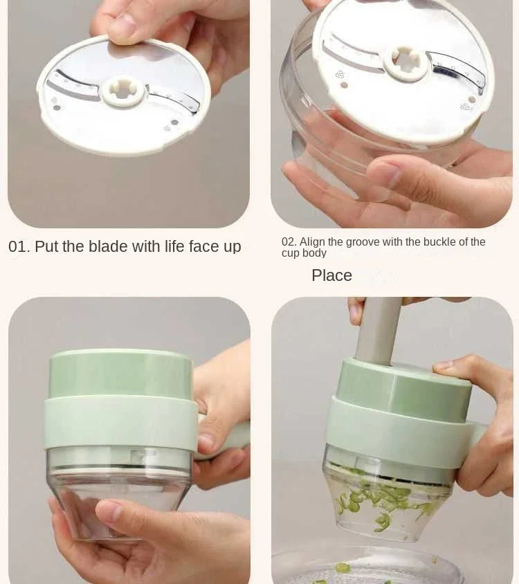 4-in-1 Electric Vegetable Cutter Set – Garlic Crusher, Food Chopper & Slicer for Kitchen