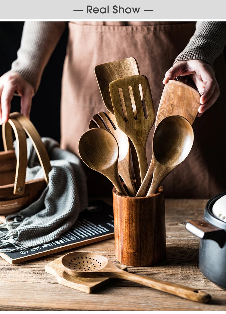 KEMORELA 9pcs Wooden Spoons & Utensils Set with Holder – Eco-Friendly Teak Wood Kitchen Cooking Tools