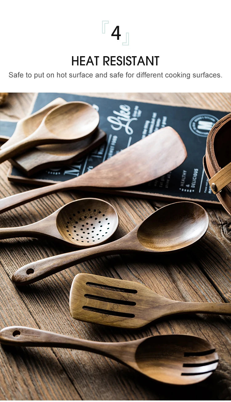 KEMORELA 9pcs Wooden Spoons & Utensils Set with Holder – Eco-Friendly Teak Wood Kitchen Cooking Tools