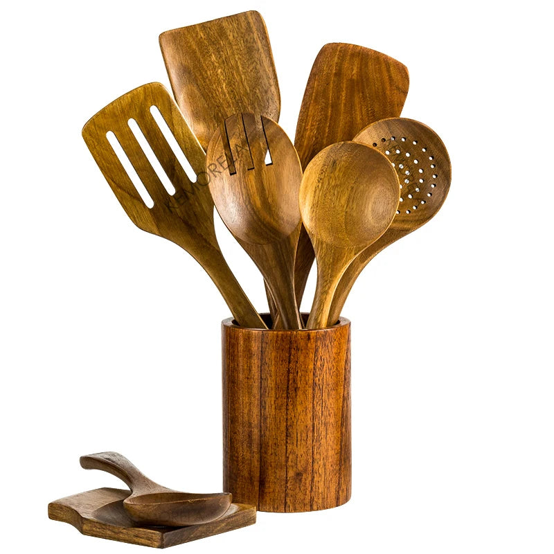 KEMORELA 9pcs Wooden Spoons & Utensils Set with Holder – Eco-Friendly Teak Wood Kitchen Cooking Tools
