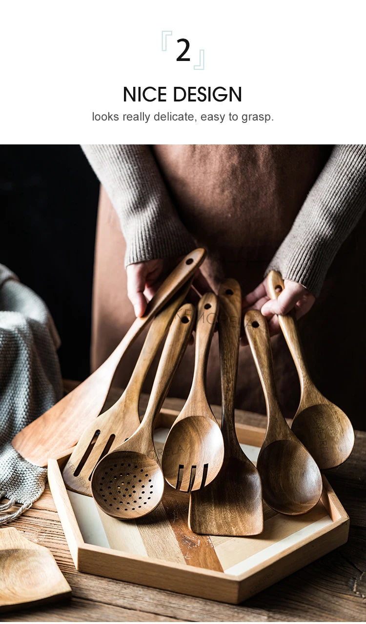 KEMORELA 9pcs Wooden Spoons & Utensils Set with Holder – Eco-Friendly Teak Wood Kitchen Cooking Tools