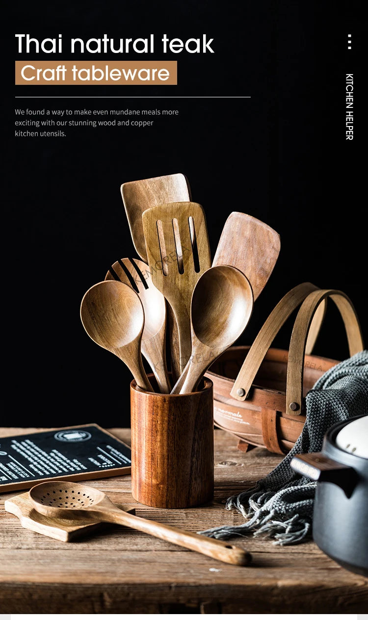 KEMORELA 9pcs Wooden Spoons & Utensils Set with Holder – Eco-Friendly Teak Wood Kitchen Cooking Tools