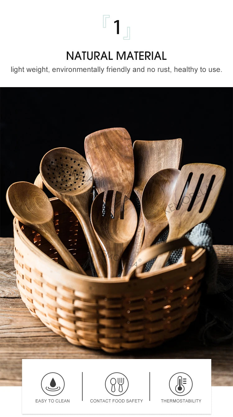 KEMORELA 9pcs Wooden Spoons & Utensils Set with Holder – Eco-Friendly Teak Wood Kitchen Cooking Tools
