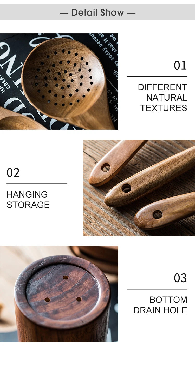 KEMORELA 9pcs Wooden Spoons & Utensils Set with Holder – Eco-Friendly Teak Wood Kitchen Cooking Tools
