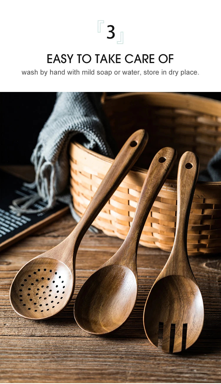 KEMORELA 9pcs Wooden Spoons & Utensils Set with Holder – Eco-Friendly Teak Wood Kitchen Cooking Tools