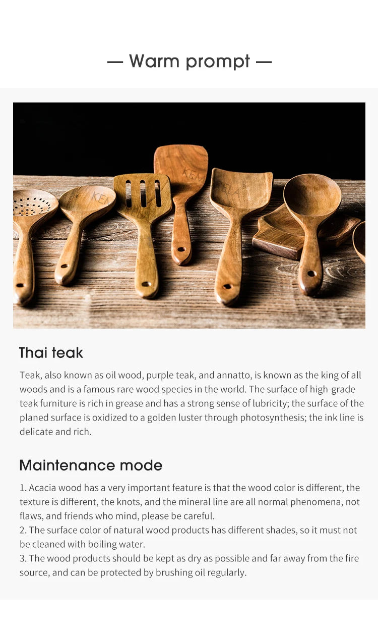 KEMORELA 9pcs Wooden Spoons & Utensils Set with Holder – Eco-Friendly Teak Wood Kitchen Cooking Tools