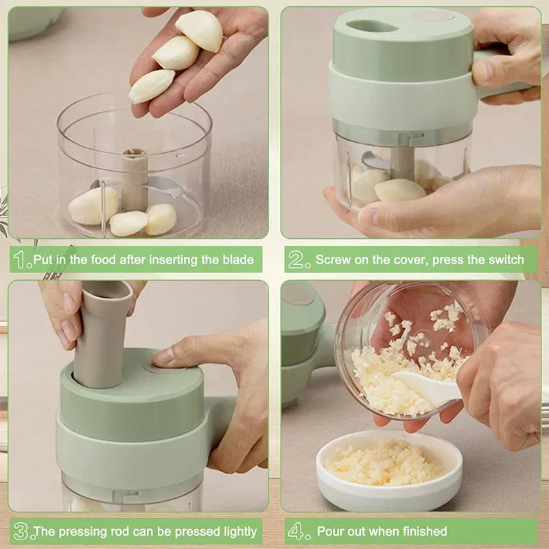 4-in-1 Electric Vegetable Cutter Set – Garlic Crusher, Food Chopper & Slicer for Kitchen