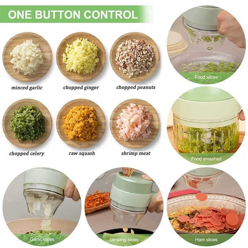 4-in-1 Electric Vegetable Cutter Set – Garlic Crusher, Food Chopper & Slicer for Kitchen