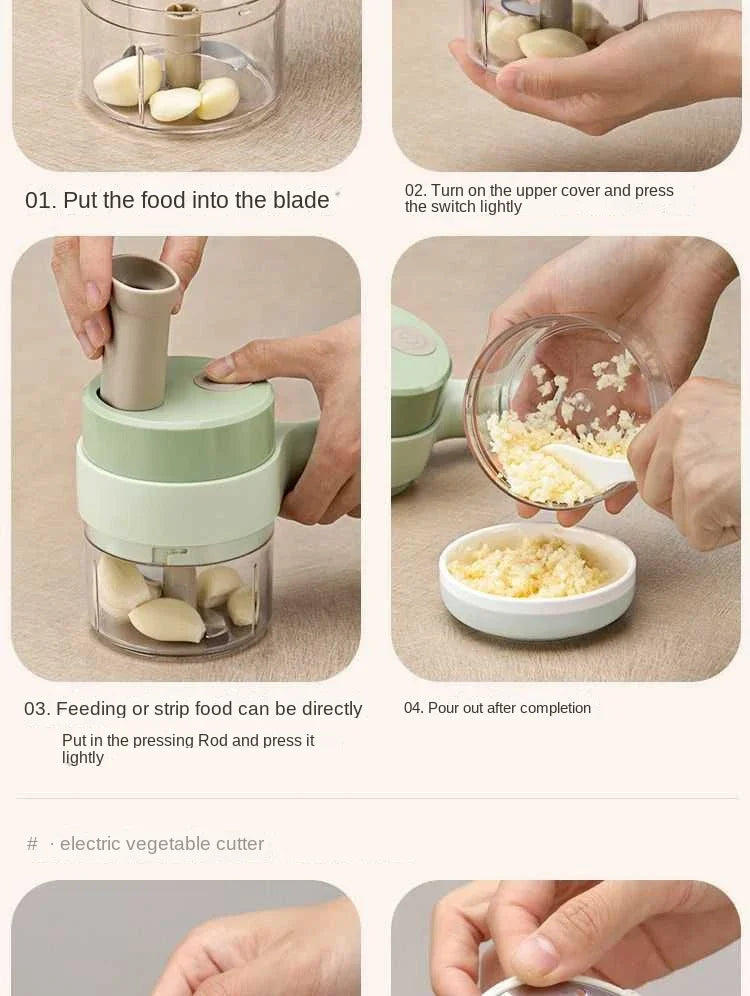 4-in-1 Electric Vegetable Cutter Set – Garlic Crusher, Food Chopper & Slicer for Kitchen