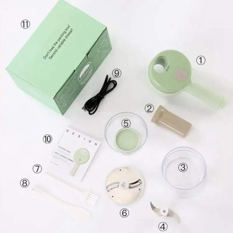 4-in-1 Electric Vegetable Cutter Set – Garlic Crusher, Food Chopper & Slicer for Kitchen