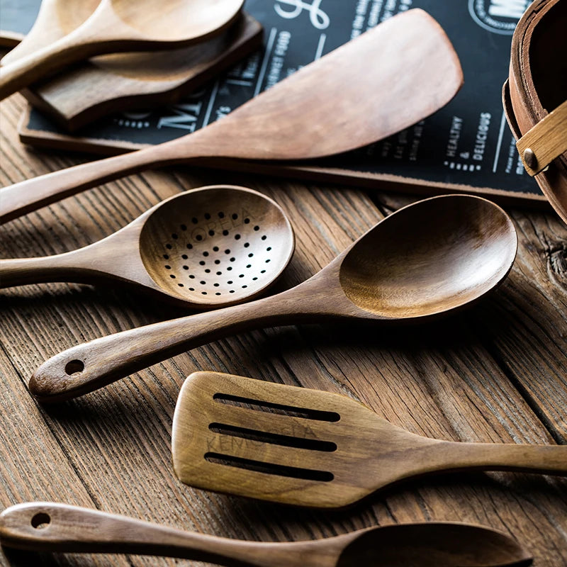 KEMORELA 9pcs Wooden Spoons & Utensils Set with Holder – Eco-Friendly Teak Wood Kitchen Cooking Tools