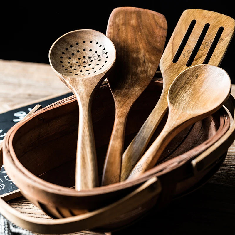 KEMORELA 9pcs Wooden Spoons & Utensils Set with Holder – Eco-Friendly Teak Wood Kitchen Cooking Tools