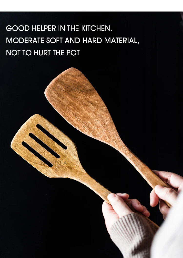KEMORELA 9pcs Wooden Spoons & Utensils Set with Holder – Eco-Friendly Teak Wood Kitchen Cooking Tools