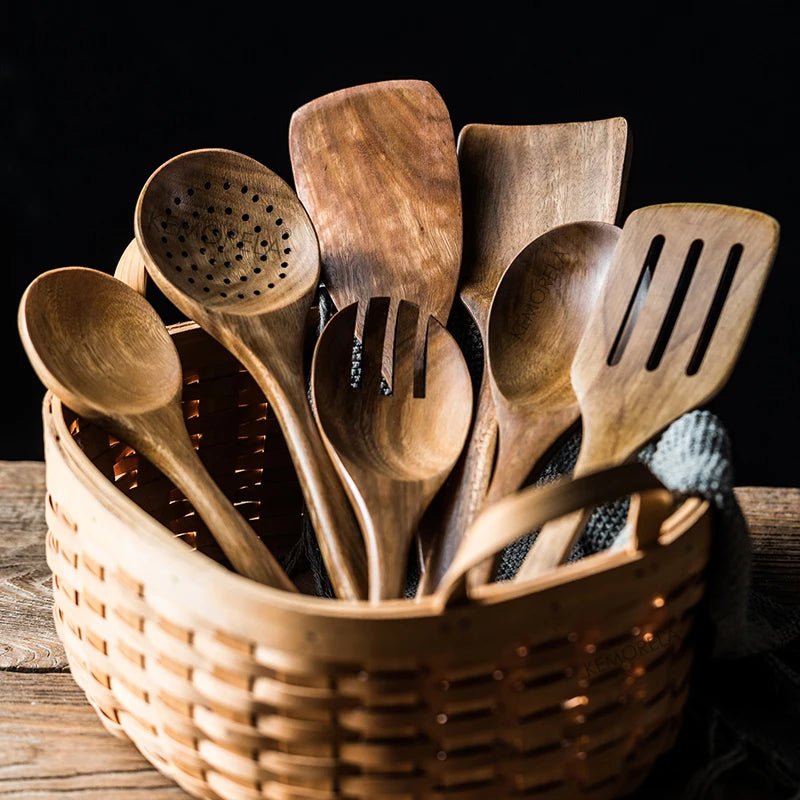 KEMORELA 9pcs Wooden Spoons & Utensils Set with Holder – Eco-Friendly Teak Wood Kitchen Cooking Tools