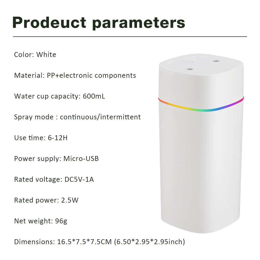 Large Air Humidifier 600ml – Double Spray Aromatherapy Essential Oil Diffuser with Colorful Lights for Home, Office & Car | AFDEAL
