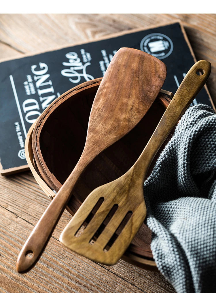 KEMORELA 9pcs Wooden Spoons & Utensils Set with Holder – Eco-Friendly Teak Wood Kitchen Cooking Tools