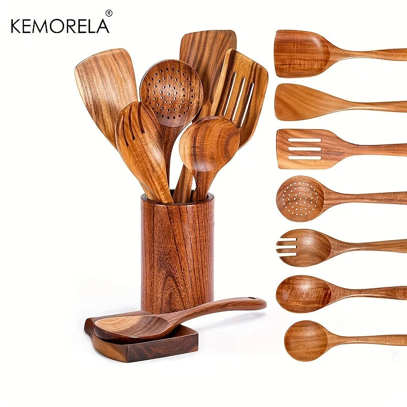 KEMORELA 9pcs Wooden Spoons & Utensils Set with Holder – Eco-Friendly Teak Wood Kitchen Cooking Tools