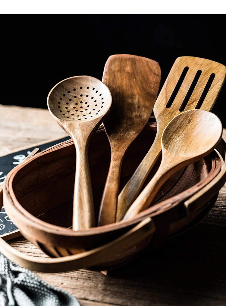 KEMORELA 9pcs Wooden Spoons & Utensils Set with Holder – Eco-Friendly Teak Wood Kitchen Cooking Tools