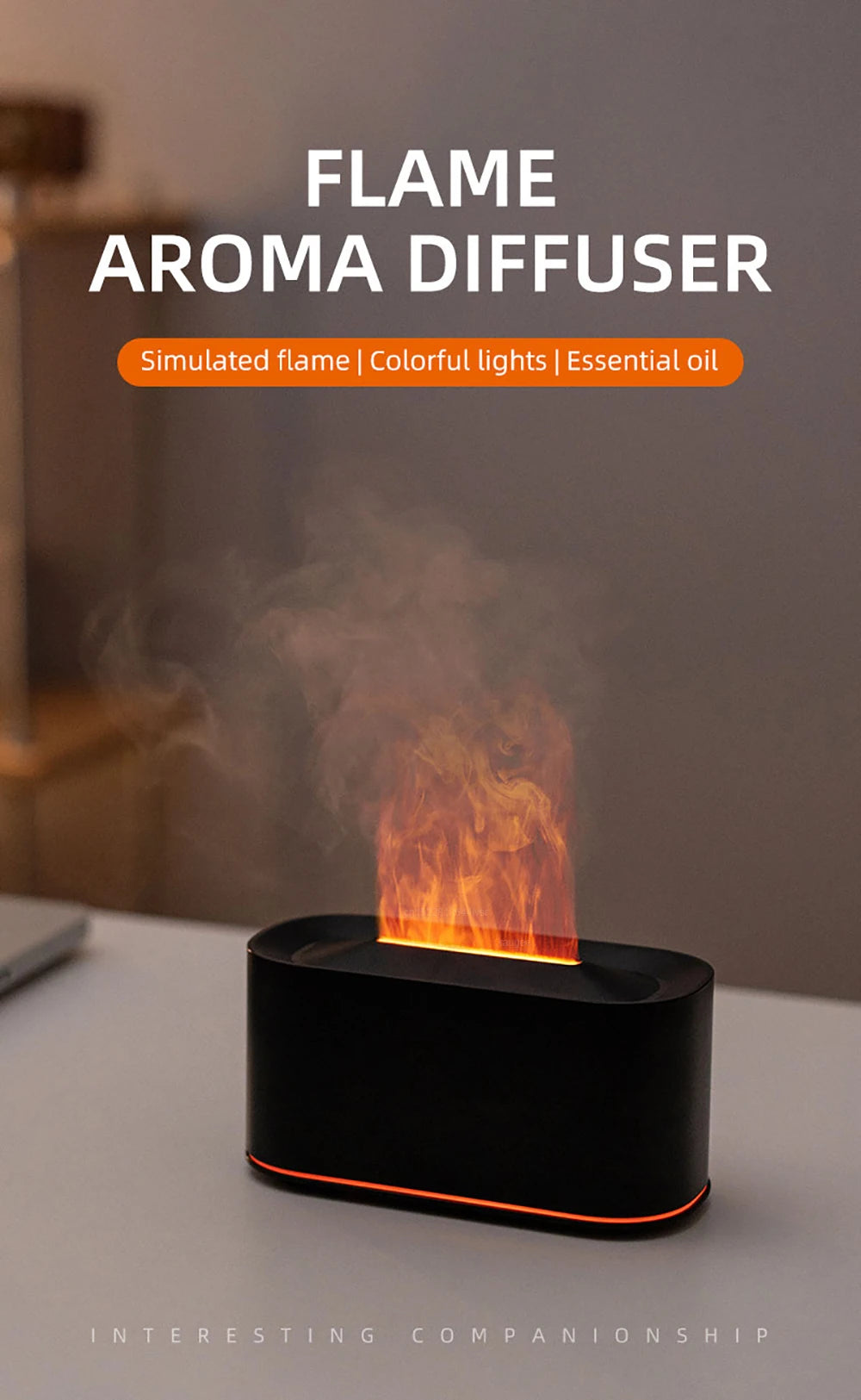 Flame Humidifier & Aroma Diffuser – 7-Color Flame Night Light Essential Oil Diffuser for Home & Desktop | cooskr